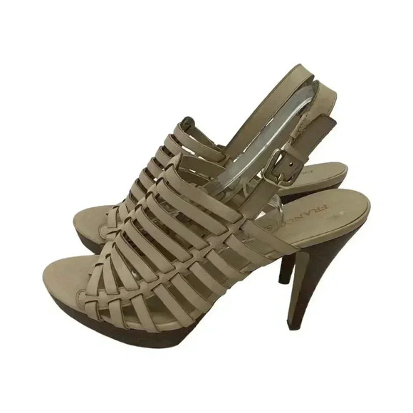Franco Sarto Size 9.5 Leather Biege Strappy Heels Sandals Slingback Open Toe - Picture 1 of 12